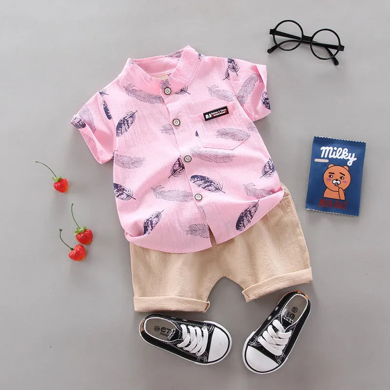 Infant Kids Baby Feather Cartoon Short Sleeve Shirt Shorts Two Piece Suit