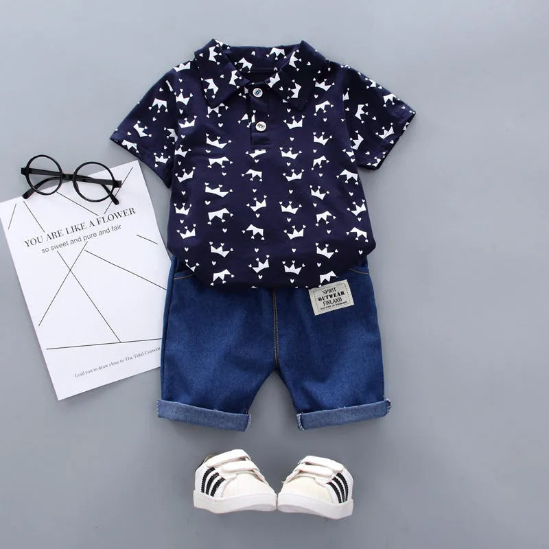 Children's Polo Shirt Suit Summer Male Crown Short-sleeved Baby Clothing