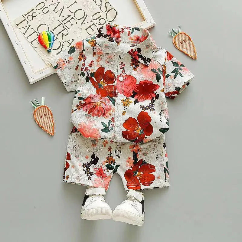 New children's Holiday Style short-sleeved Floral Shirt Suit Cardigan Beach Shorts Two-Piece Suit