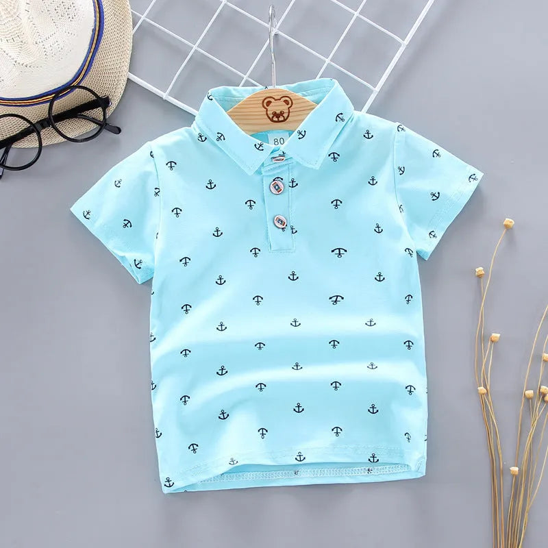 Traje para niños con estampado de ancla, camiseta coreana de manga corta, ropa para niños