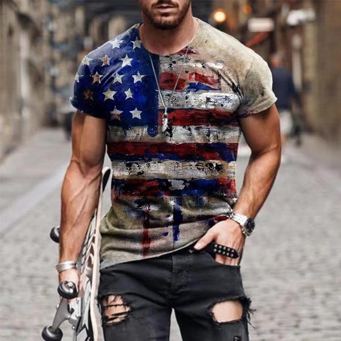 Vintage USA Flag Print O-Neck T Shirt Mens Summer Slim Short Sleeve Tees Pullover Casual Men Clothes Fashion Streetwear 3XL