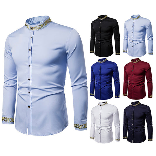 Gold Embroidery White Shirt Men Brand New Stand Collar Mens Dress Shirts Casual Slim Long Sleeve Chemise Homme Camisa Masculina - Enfance-Heureuse