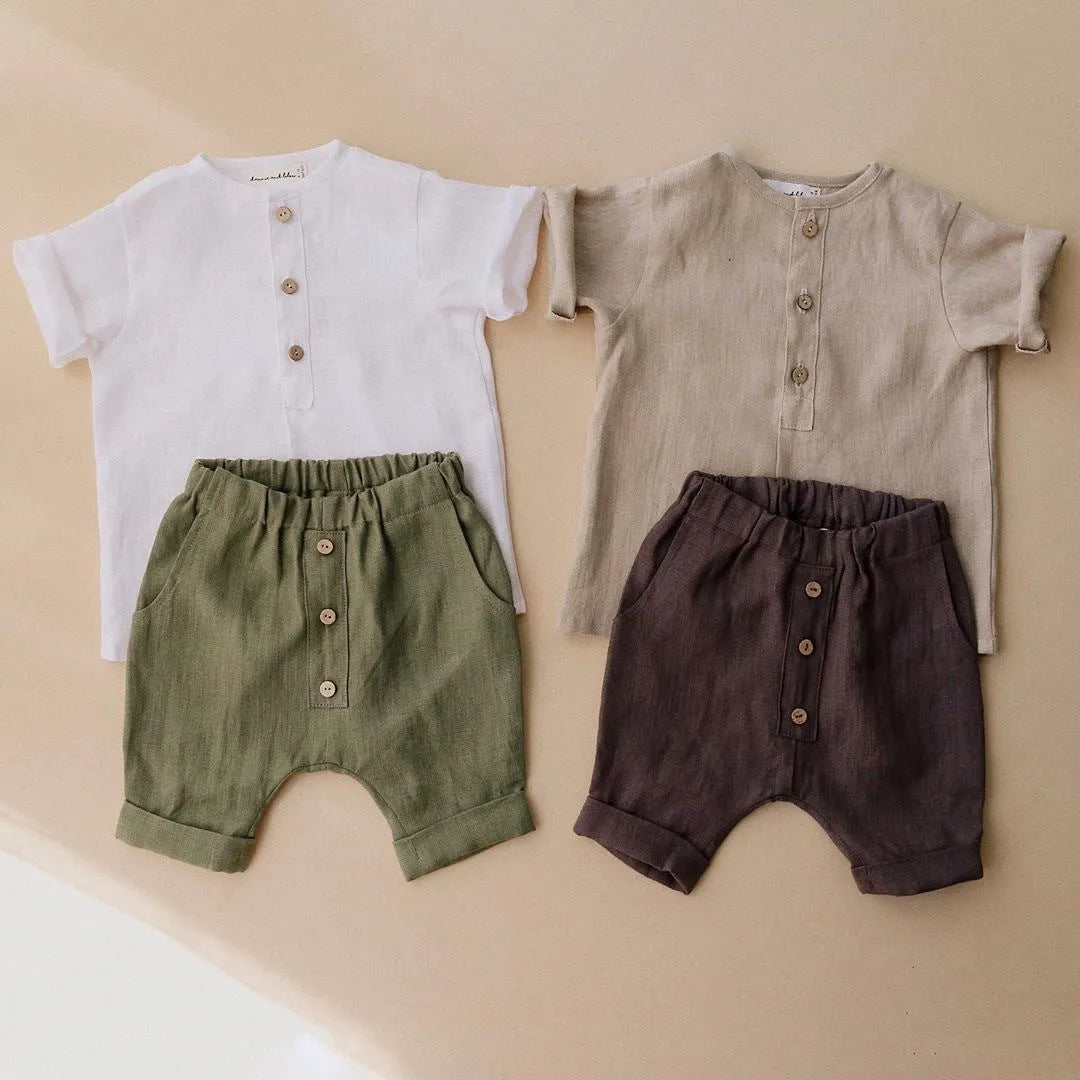 Boys Summer Cotton Linen Suit, Solid Color Khaki Gray Suit | Short Sleeve Pants | Two Pieces | Single Breasted