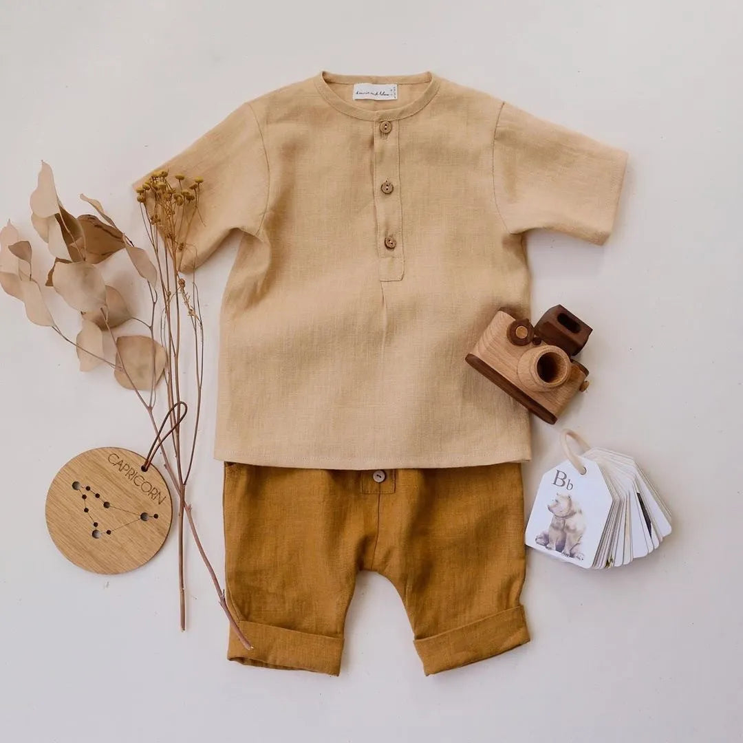 Boys Summer Cotton Linen Suit, Solid Color Khaki Gray Suit | Short Sleeve Pants | Two Pieces | Single Breasted