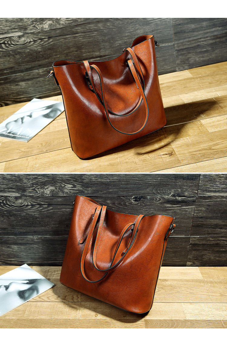 Simple Oil Wax Leather Messenger Shoulder Bags Women's High Capacity Portable Tote Bag - Enfance-Heureuse