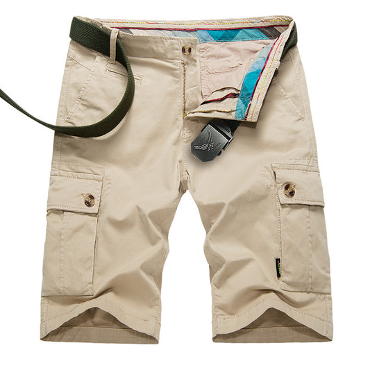 Mens Outdoor Big Pockets Solid Color Knee Length Cargo Pants Casual Cotton Beach Shorts - Enfance-Heureuse