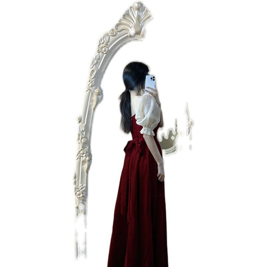 Small Plus Size Wine Red Puff Sleeve Princess High-grade Evening Dress - Enfance-Heureuse