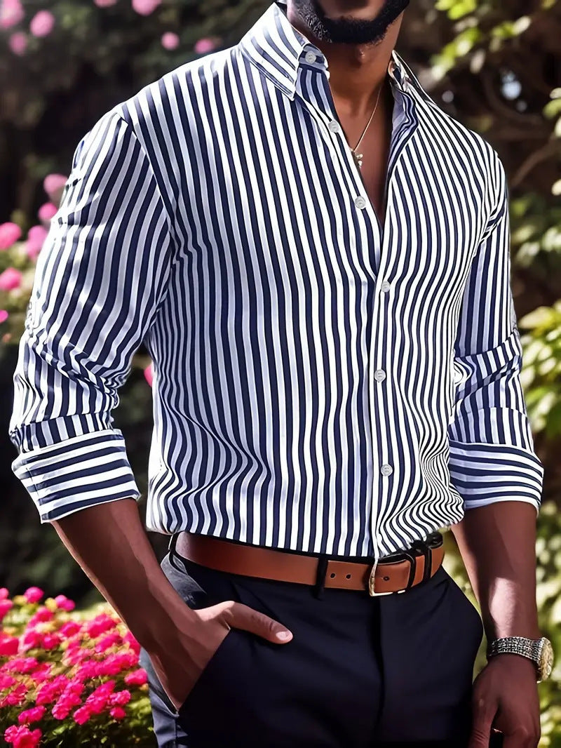 Ins Stripe Printed Long Sleeve Shirt Men Fashion Casual Lapel Button Top Clothing - Enfance-Heureuse