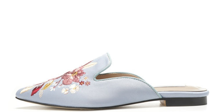 Code embroidery tipped a pedal lazy low heel women's slippers - Enfance-Heureuse
