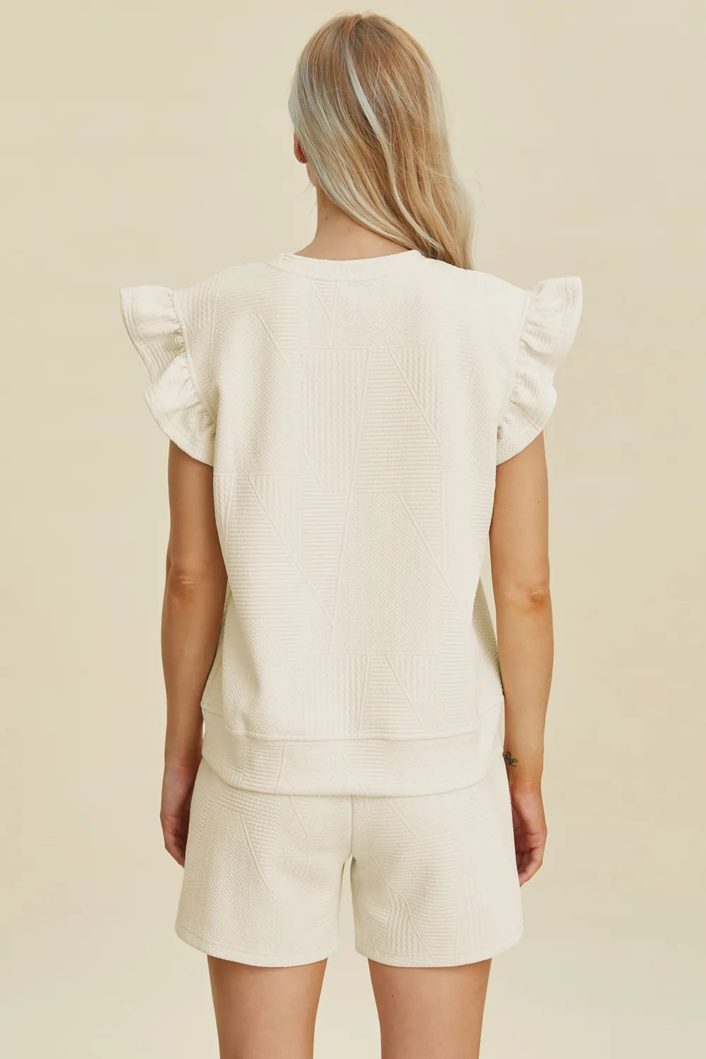 Double Take Full Size Texture Round Neck Ruffle Sleeve Top and Shorts Set - Enfance-Heureuse