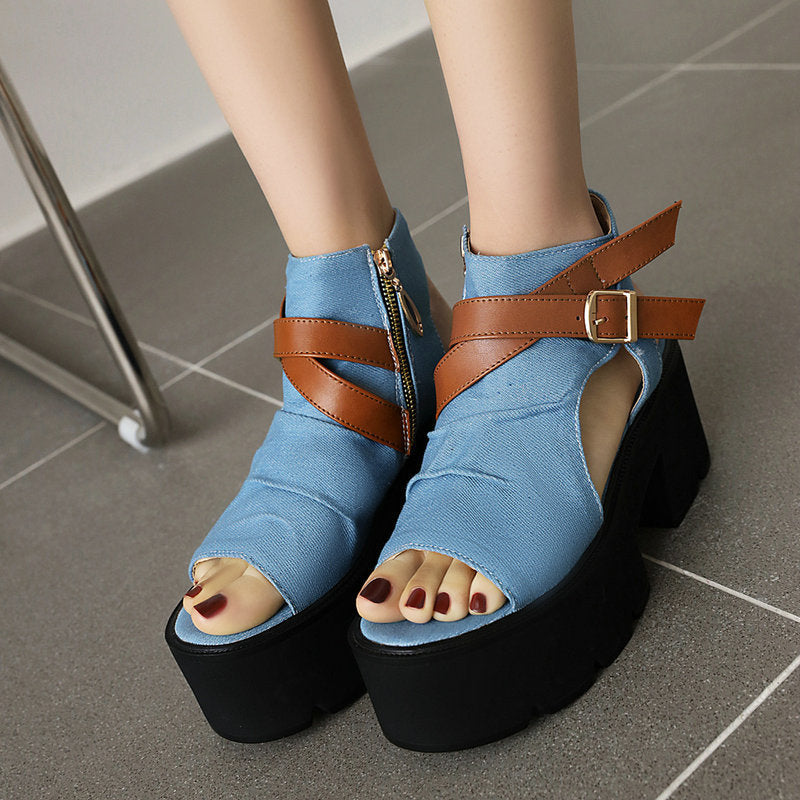 Denim Women's Sandals Leather Ring Strap Peep Toe Cool - Enfance-Heureuse