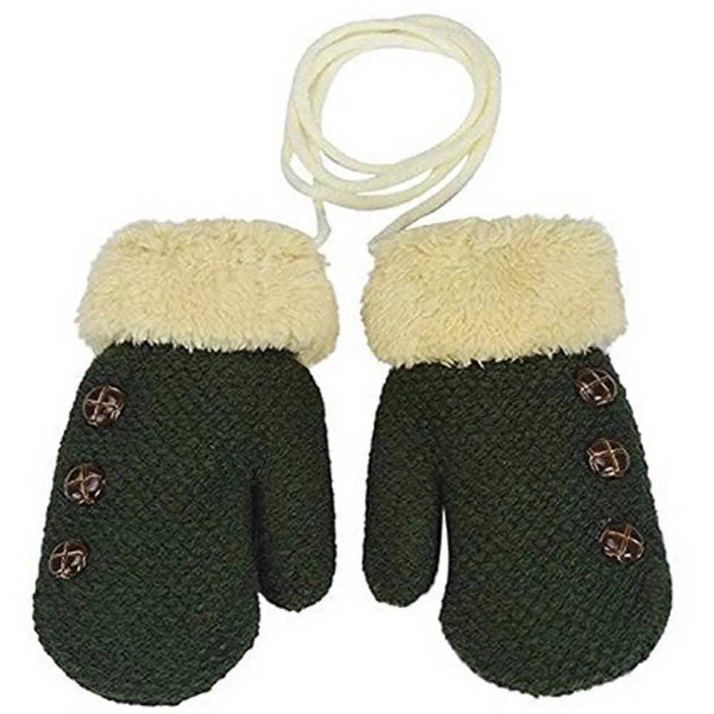 Children's Gloves Knitted And Velvet Gloves Double-Layer Thickening With Lanyard 