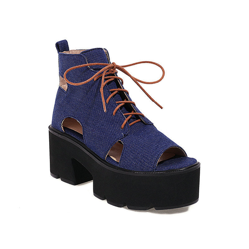 Denim Women's Sandals Front Lace-up Fish Mouth Cool - Enfance-Heureuse