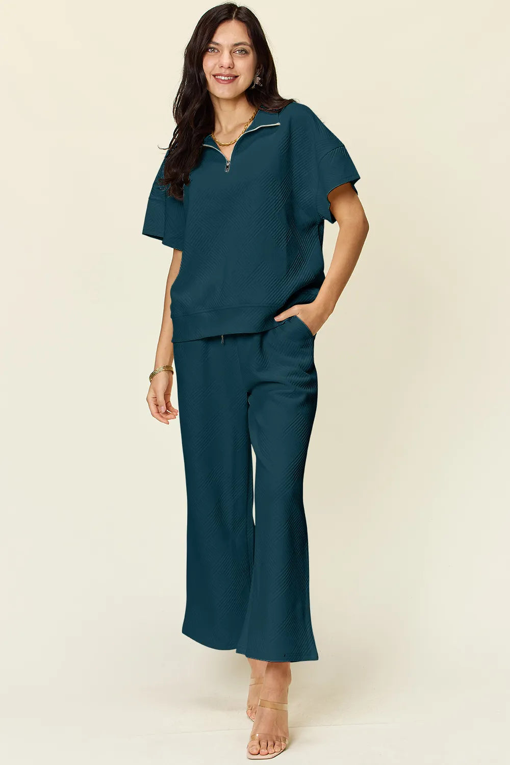 Double Take Full Size Texture Half Zip Short Sleeve Top and Pants Set - Enfance-Heureuse
