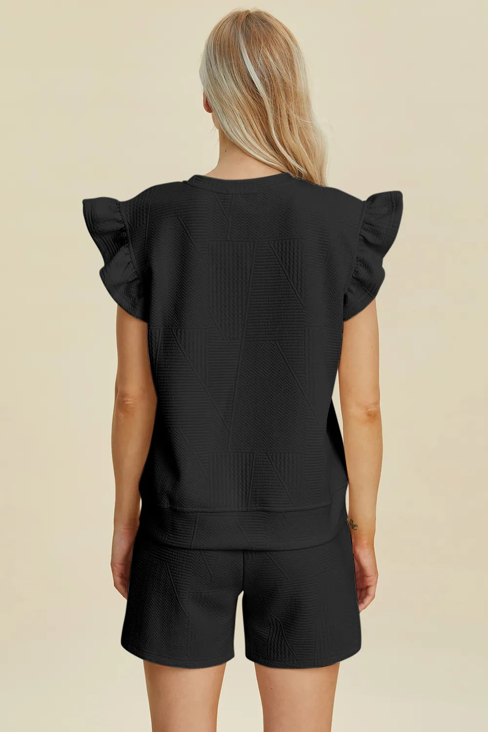 Double Take Full Size Texture Round Neck Ruffle Sleeve Top and Shorts Set - Enfance-Heureuse