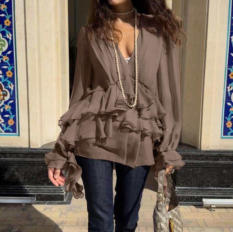 Chiffon V-neck Long Sleeve Shirt - Enfance-Heureuse