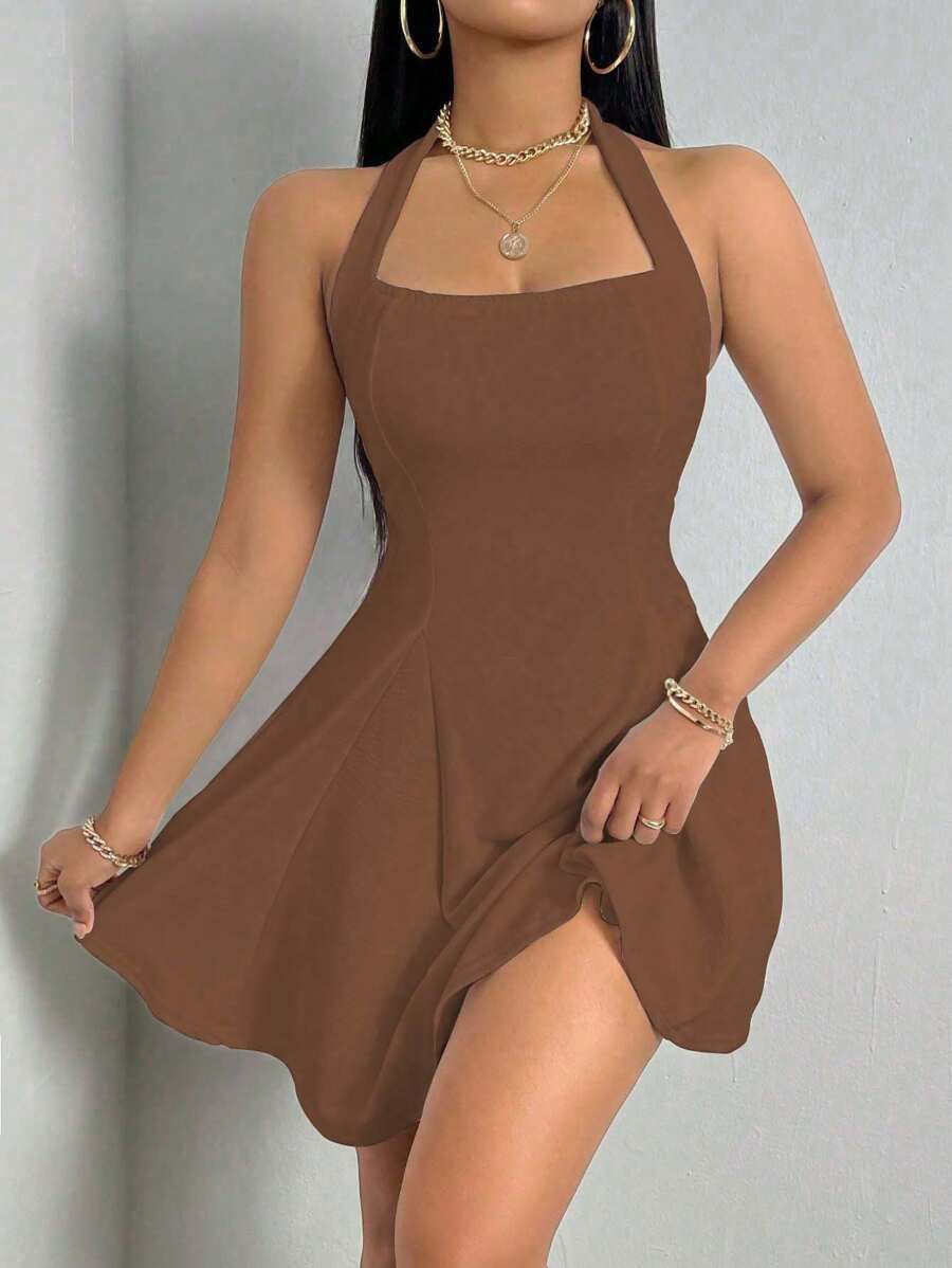 Pure Color Halter Backless Sleeveless Dress - Enfance-Heureuse