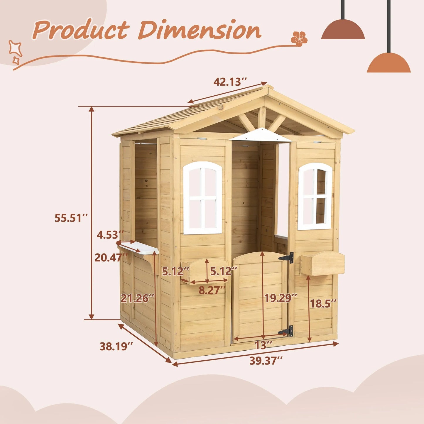 Wooden Outdoor Playhouse For Children With Work Doors, Windows, Mailbox, Flower Pot Stand