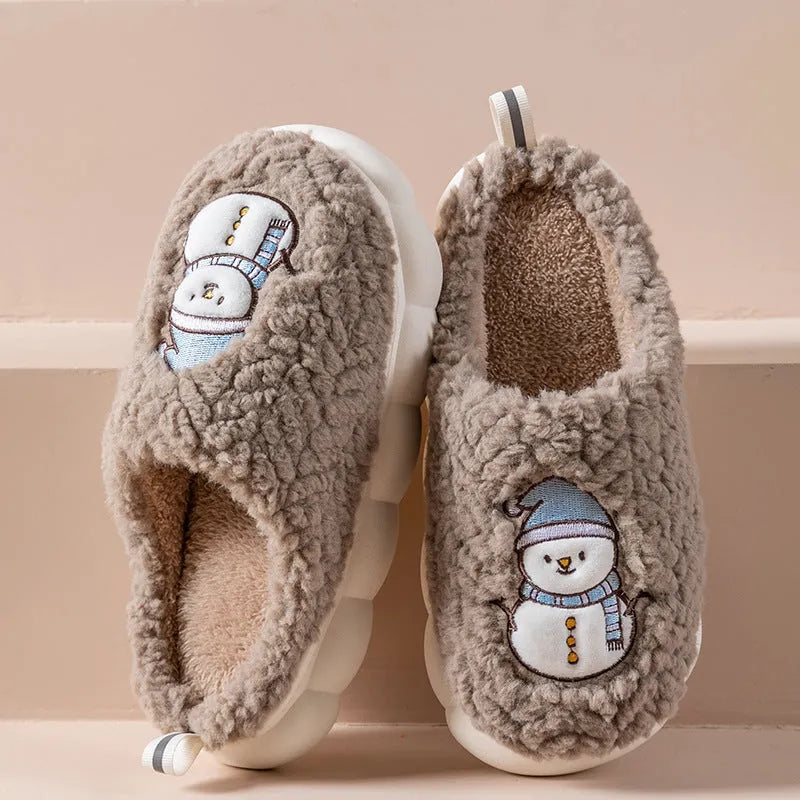 Pantoufles mignonnes de bonhomme de neige pour l'hiver, intérieur, en peluche chaude, à semelles épaisses, antidérapantes, pantoufle de maison, chaussures de maison