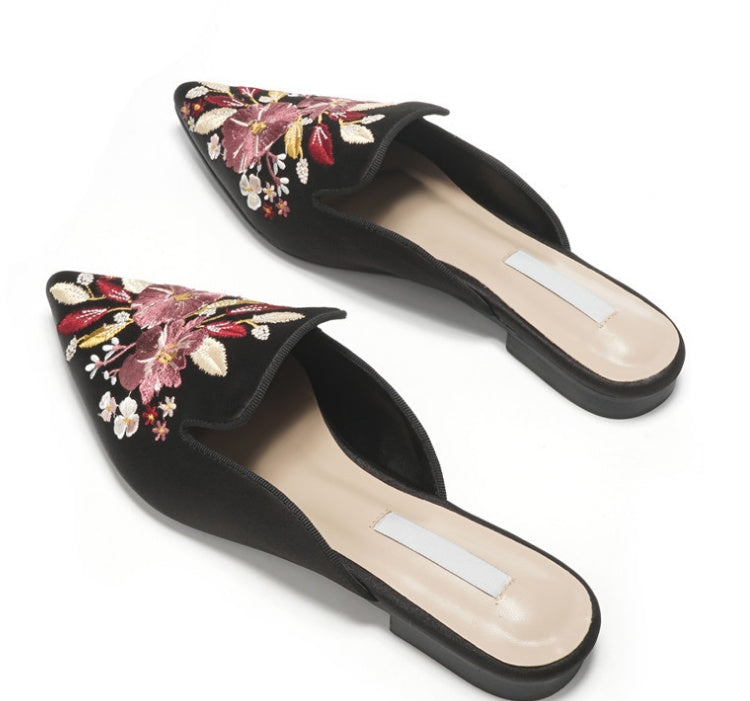 Code embroidery tipped a pedal lazy low heel women's slippers - Enfance-Heureuse