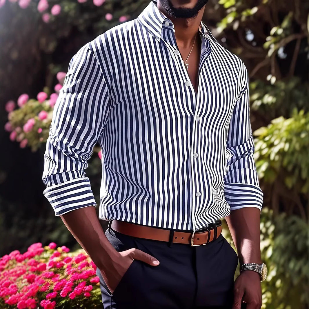 Ins Stripe Printed Long Sleeve Shirt Men Fashion Casual Lapel Button Top Clothing - Enfance-Heureuse