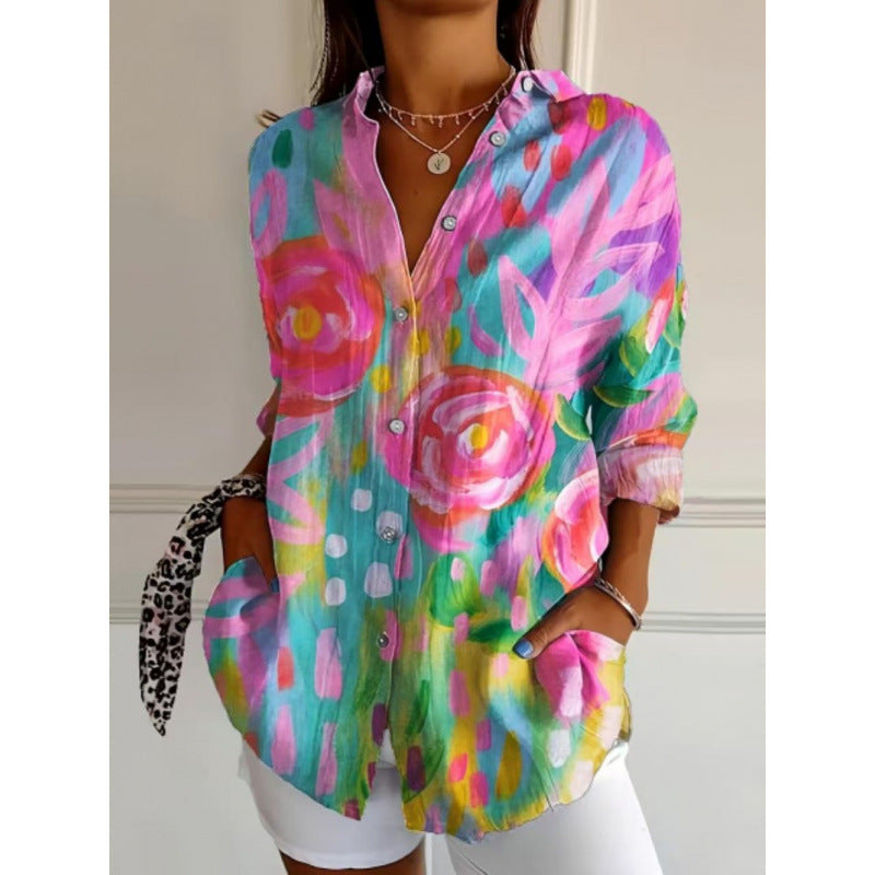 New Women's Long Sleeved Shirt For Summer Fashion, 3D Printed Shirt With Floral Pattern - Enfance-Heureuse