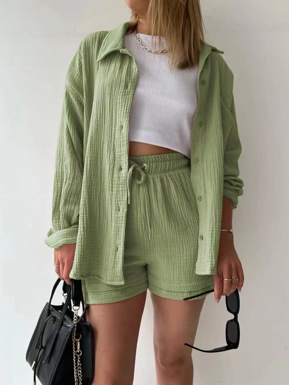 Texture Button Up Shirt and Drawstring Shorts Set - Enfance-Heureuse