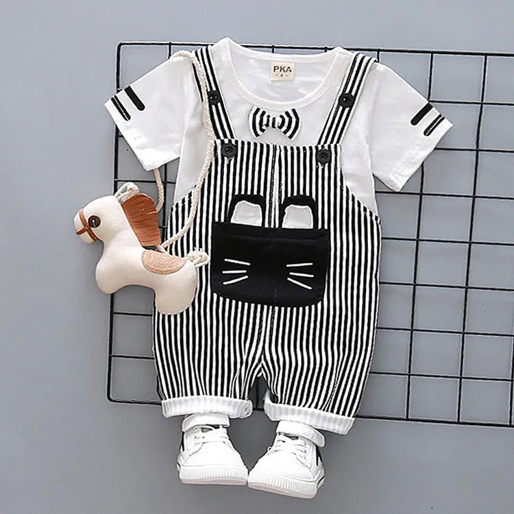 Factory direct handsome children's clothing Korean male baby cartoon strap two-piece suit cotton one generation A128 