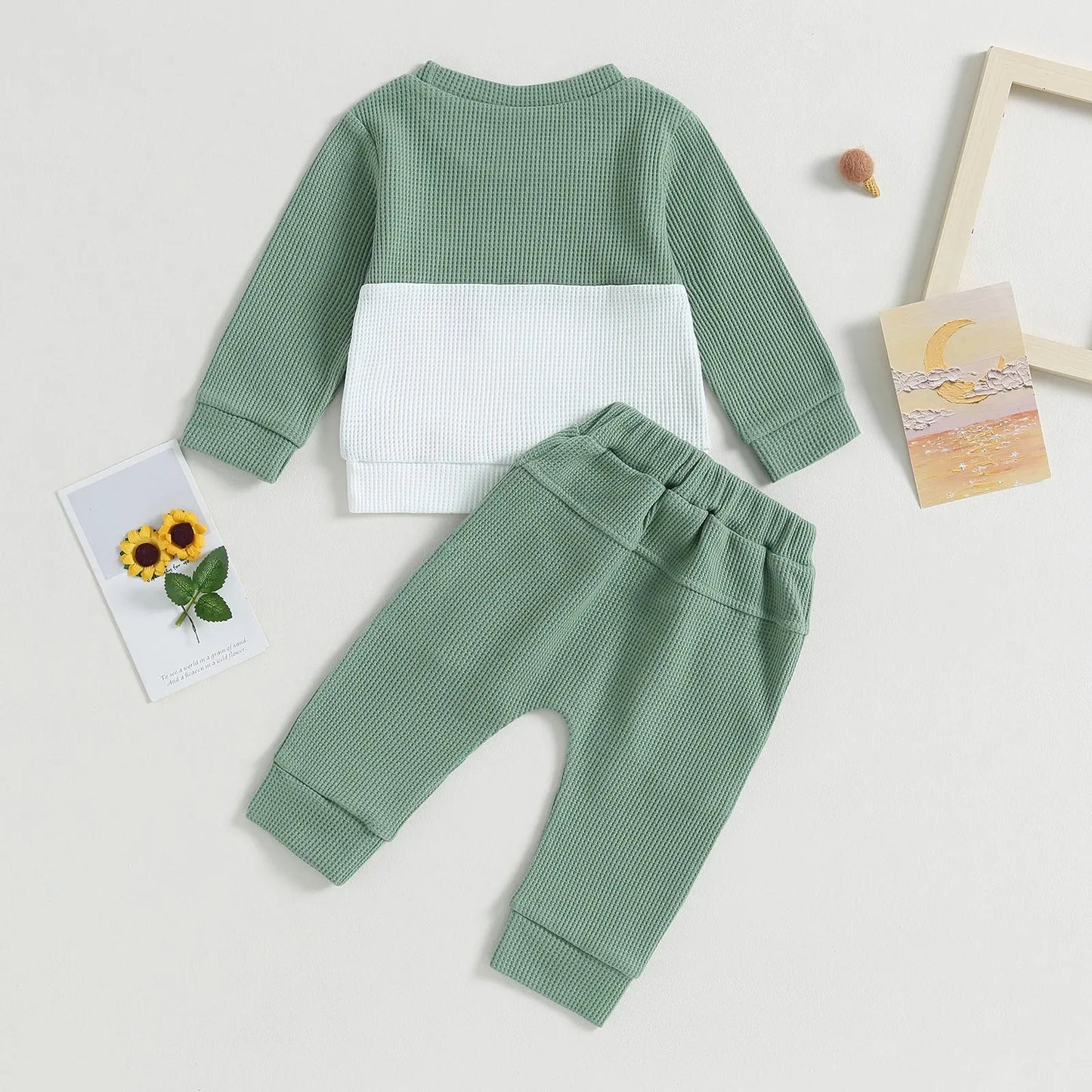 Color Matching Pocket Waffle Sweater Lace-up Sweatpants 2-Piece Children's Fashion Casual Wear Baby Suit