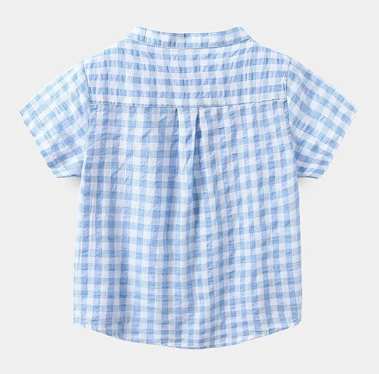 Children's Cotton Blue Short-sleeved Shirt Fashion Casual Short-sleeved Plaid Shirt