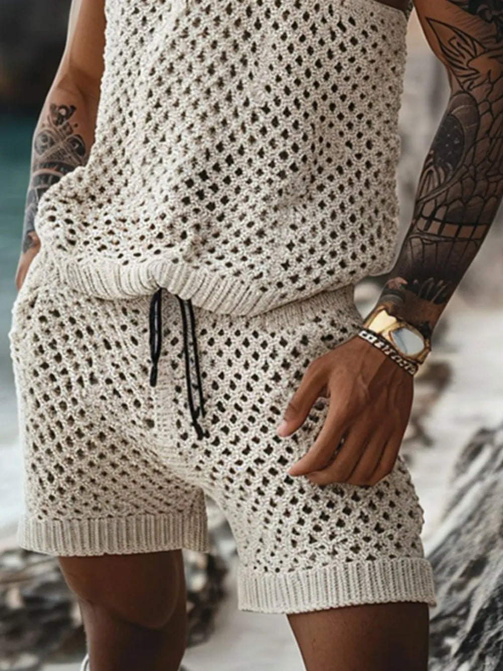 Men's Plus Size Hollow Out Round Neck Tank and Shorts Set - Enfance-Heureuse