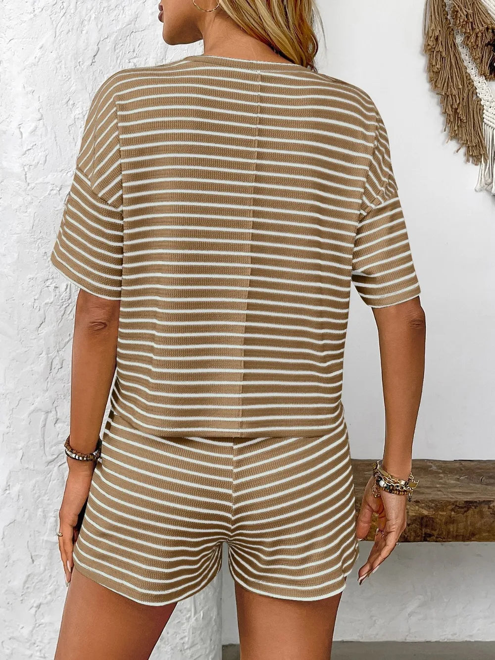 Striped Round Neck Short Sleeve Top and Shorts Set - Enfance-Heureuse
