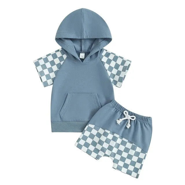 Summer European And American Boys' Plaid Hooded Fleece And Shorts Suit