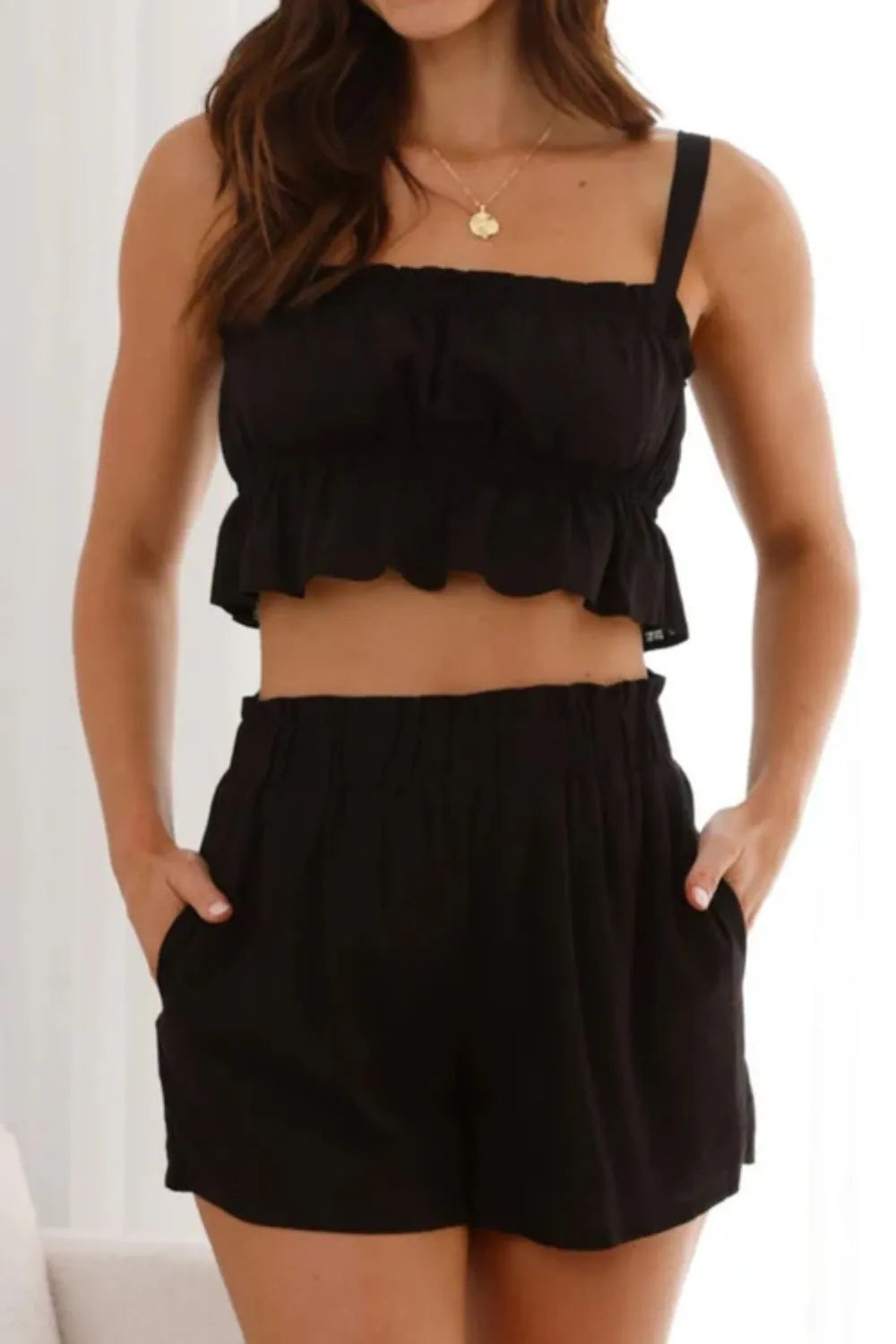 Ruffled Square Neck Cami and Shorts Set - Enfance-Heureuse
