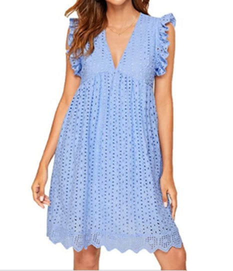 Lace Dresses With Pocket Summer Sleeveless Jacquard Cutout V-Neck Beach Dress - Enfance-Heureuse