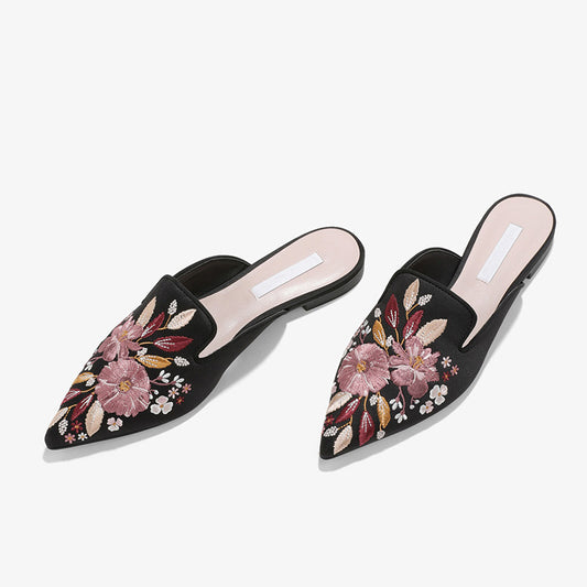 Code embroidery tipped a pedal lazy low heel women's slippers - Enfance-Heureuse