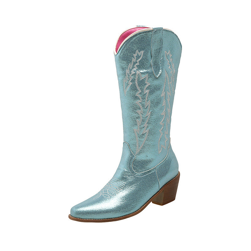 European And American Women's Mid-calf Fluorescent Pointed Knight Boots Chunky Heel Shoes Boots - Enfance-Heureuse