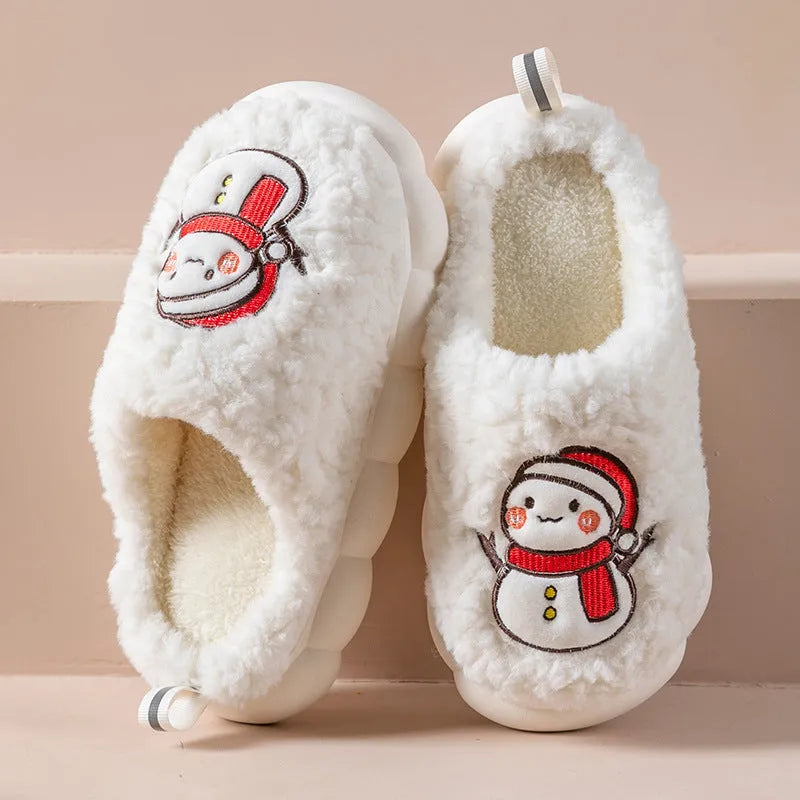 Pantoufles mignonnes de bonhomme de neige pour l'hiver, intérieur, en peluche chaude, à semelles épaisses, antidérapantes, pantoufle de maison, chaussures de maison