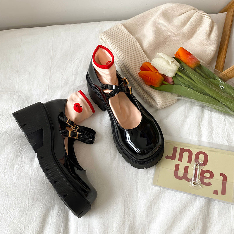 Spring Retro Chunky Heel Platform Leather Shoes