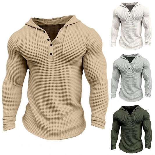 Men's Pullover Casual Long Sleeve T-shirt Waffler Slim Tops Sweat-shirt Solid Color Comfortable Mens Outdoor Streetwear S-3XL