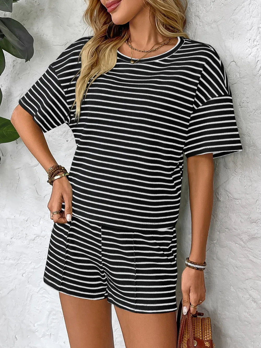 Striped Round Neck Short Sleeve Top and Shorts Set - Enfance-Heureuse
