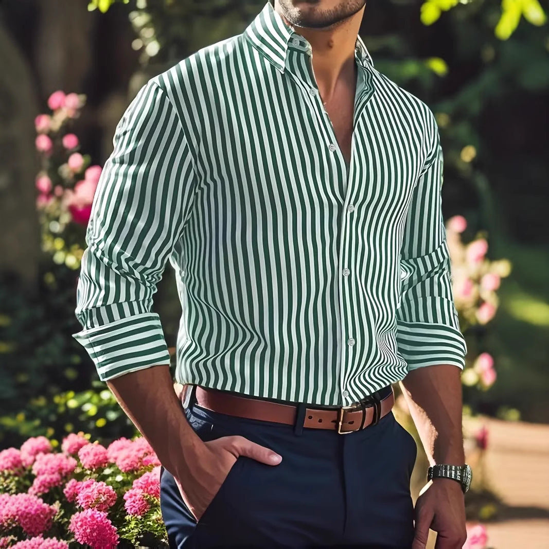 Ins Stripe Printed Long Sleeve Shirt Men Fashion Casual Lapel Button Top Clothing - Enfance-Heureuse