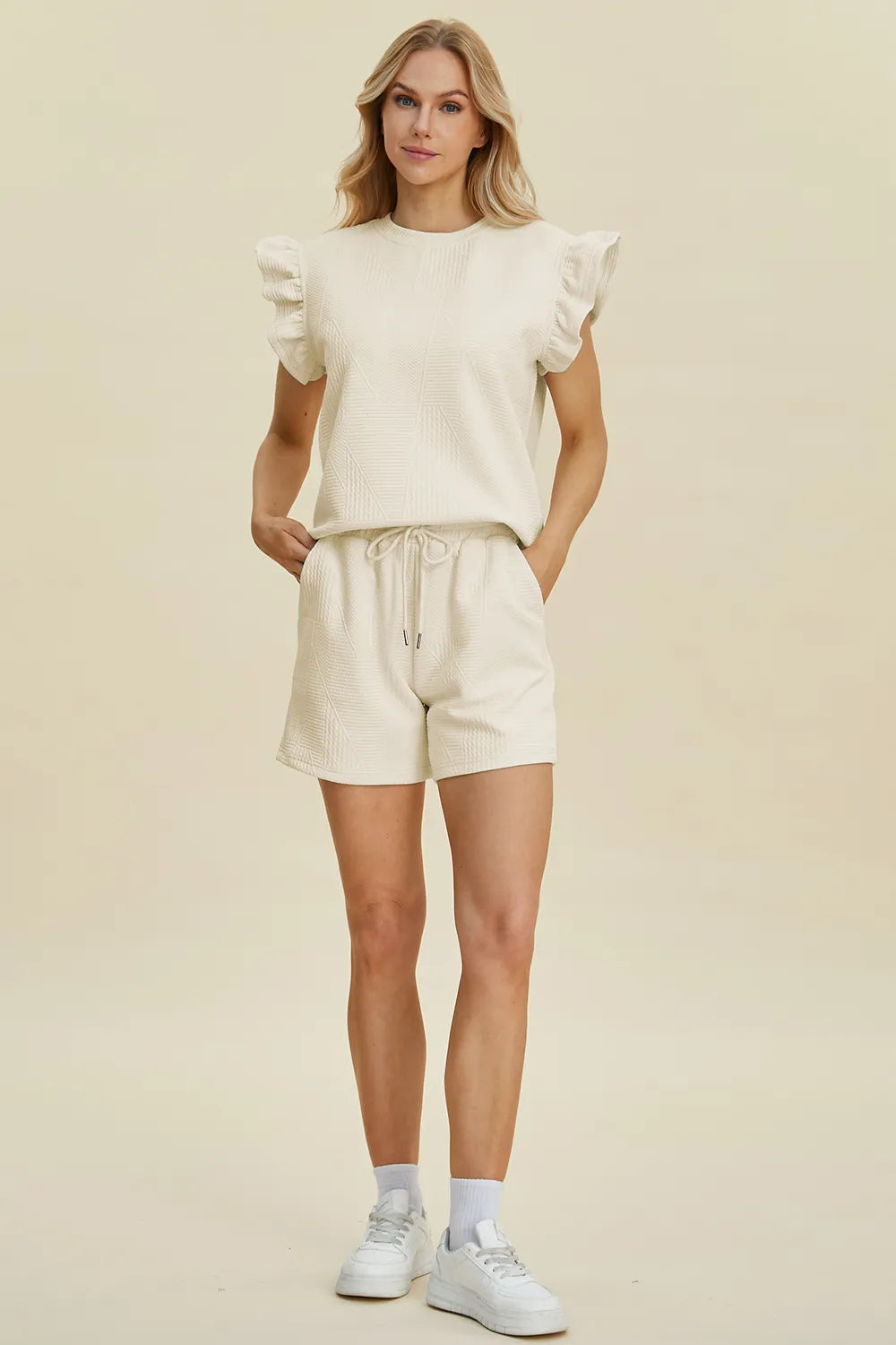 Double Take Full Size Texture Round Neck Ruffle Sleeve Top and Shorts Set - Enfance-Heureuse