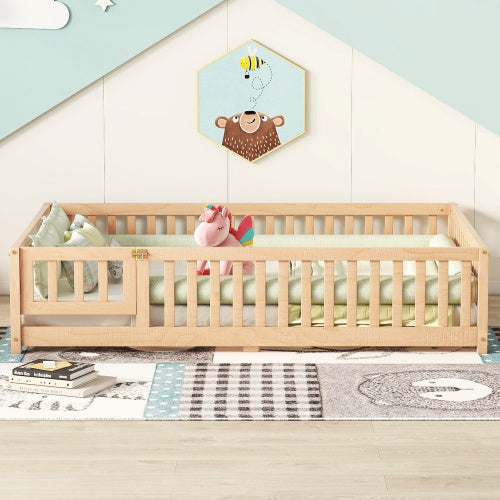 Full Size Bed Floor Bed With Safety Guardrails And Door For Kids, Natural - Enfance-Heureuse
