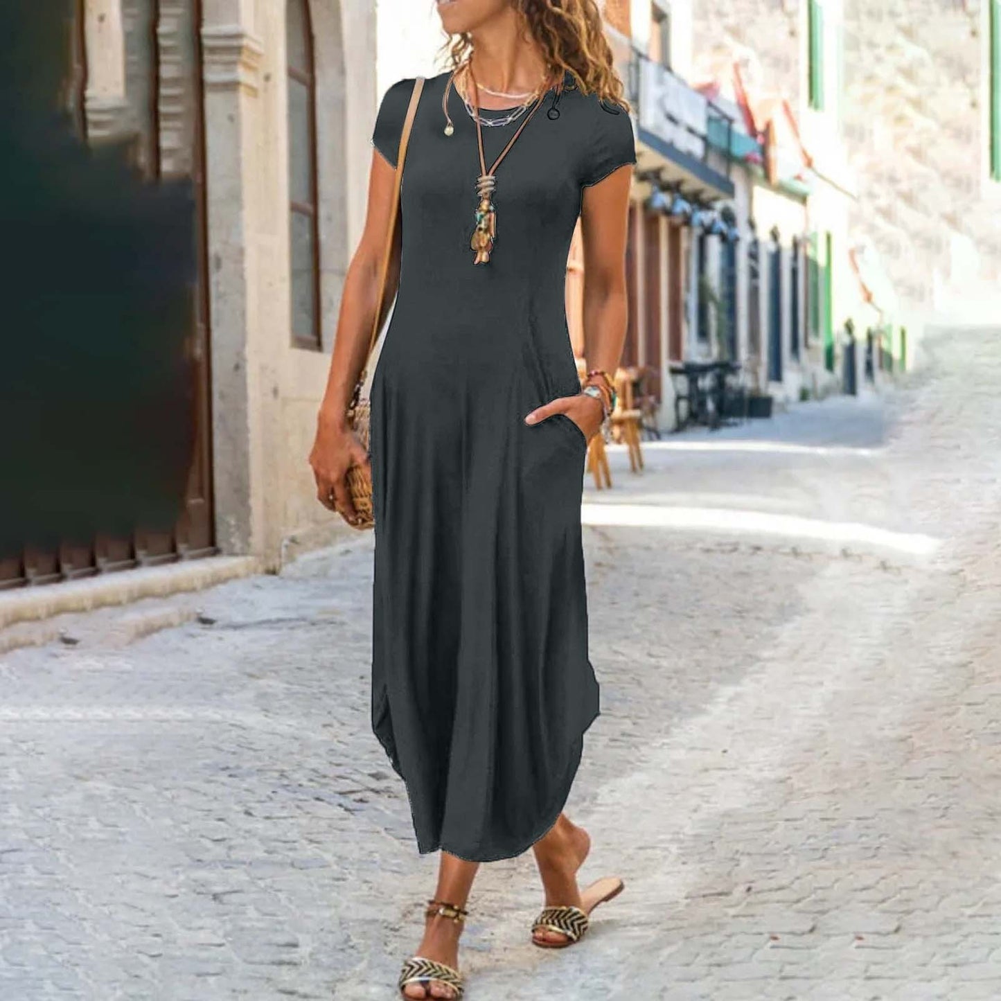 Pullover Short Sleeve Round Neck Mid Waist Solid Color Dress - Enfance-Heureuse