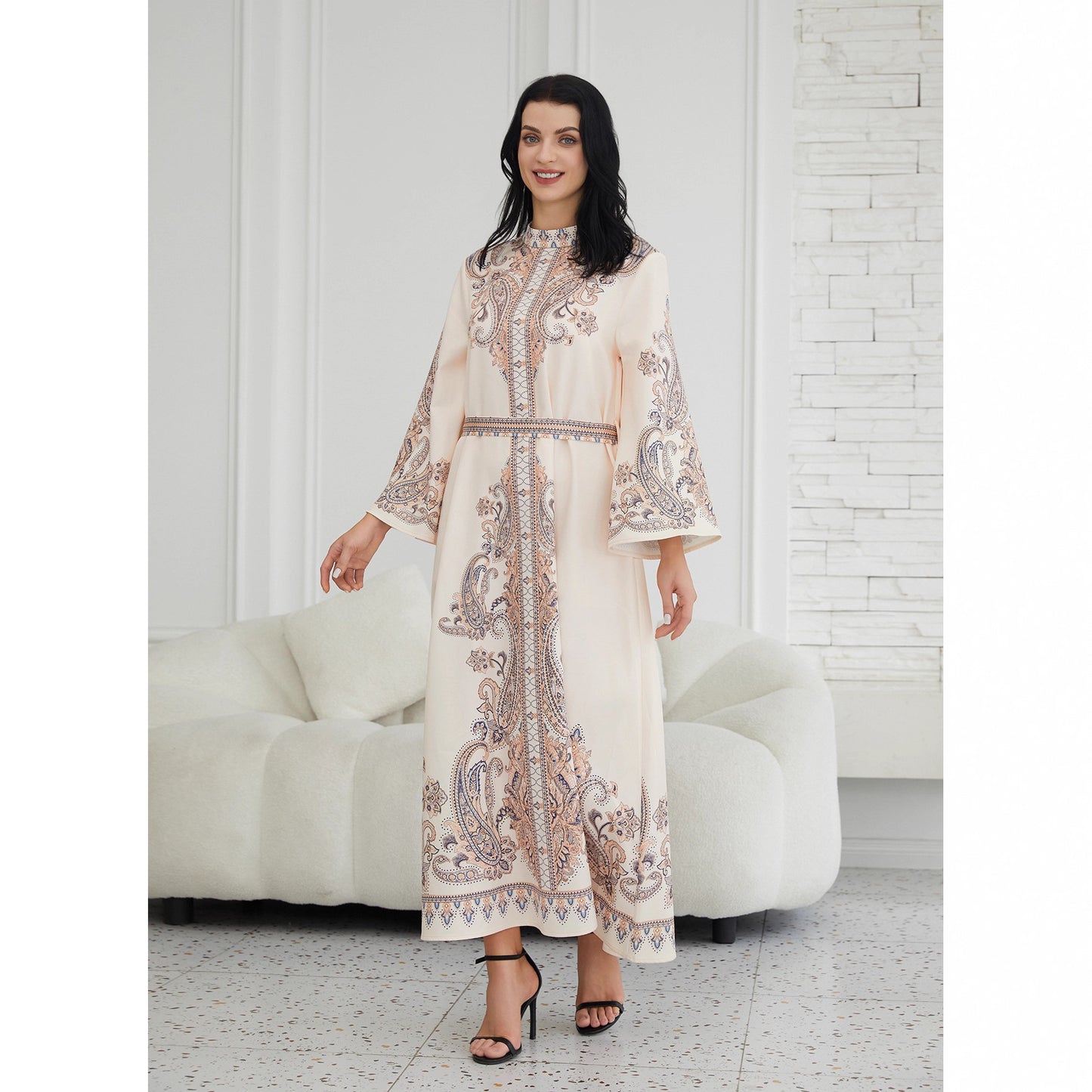Stand Collar Printing Long Retro Muslim Dress - Enfance-Heureuse