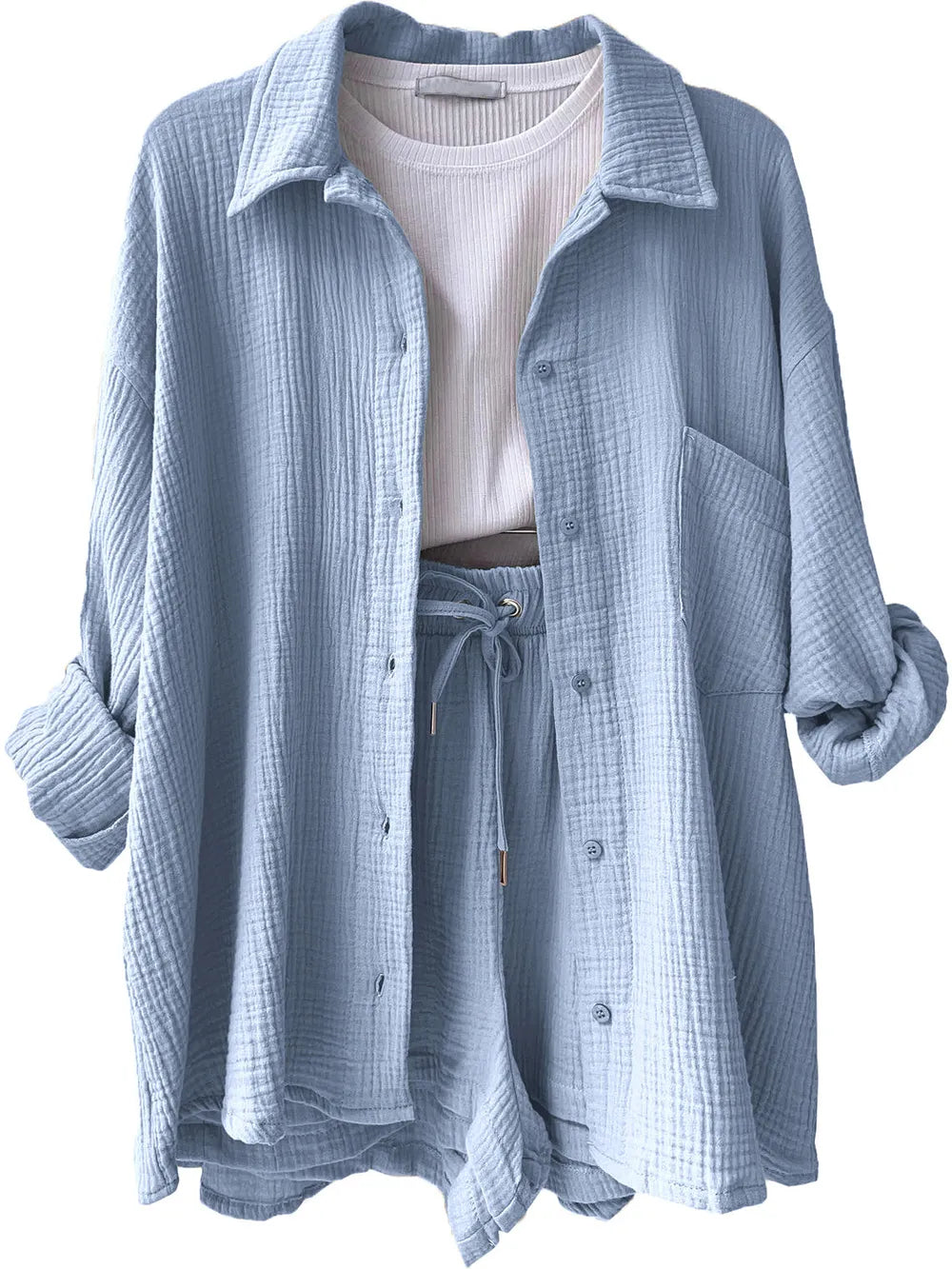 Texture Button Up Shirt and Drawstring Shorts Set - Enfance-Heureuse