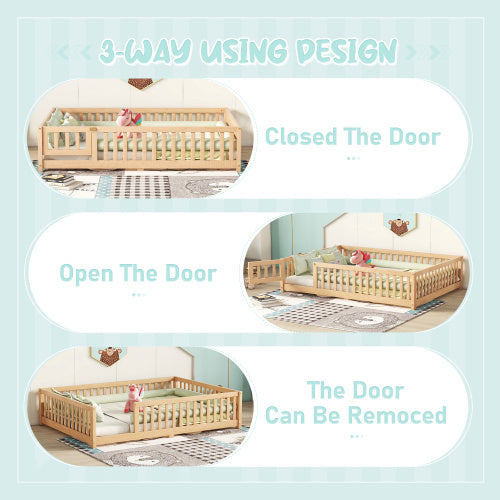 Full Size Bed Floor Bed With Safety Guardrails And Door For Kids, Natural - Enfance-Heureuse