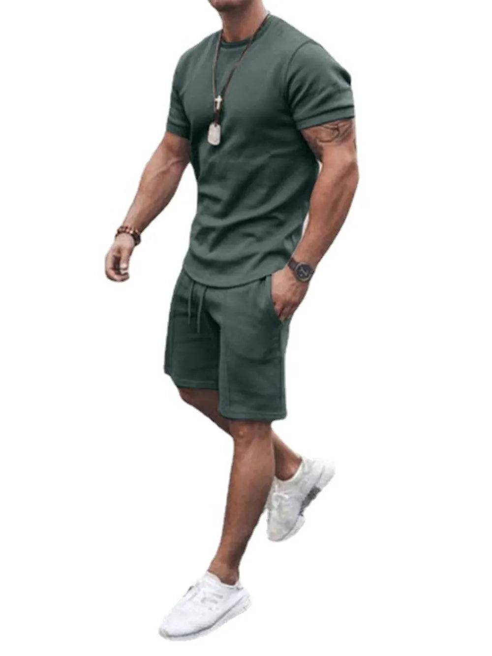 Men's Plus Size Round Neck Short Sleeve Top and Shorts Set - Enfance-Heureuse