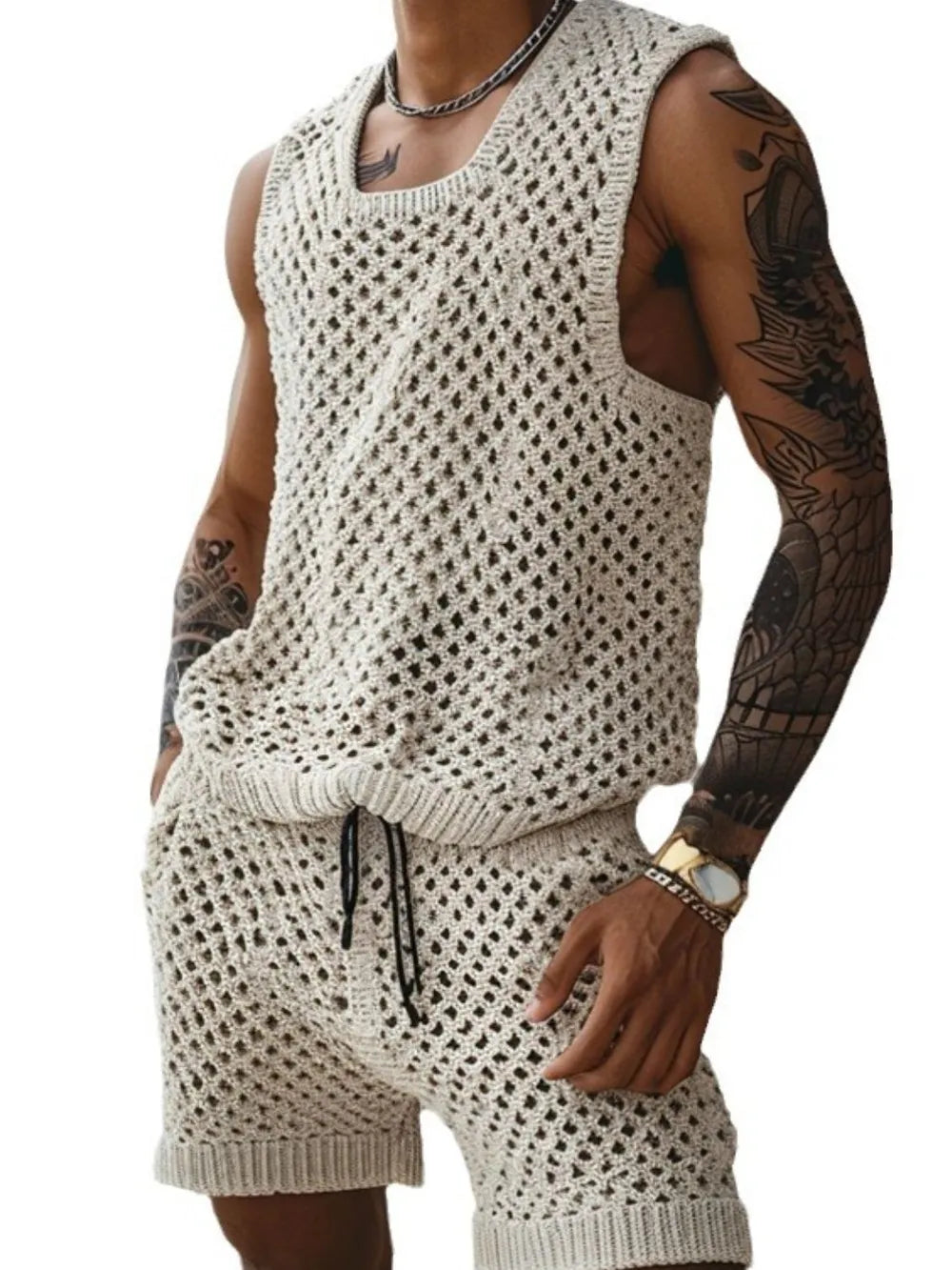 Men's Plus Size Hollow Out Round Neck Tank and Shorts Set - Enfance-Heureuse